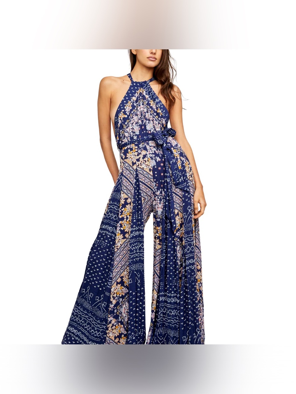 EUC Free People Navy Floral Halter Tie-Waist Jumpsuit